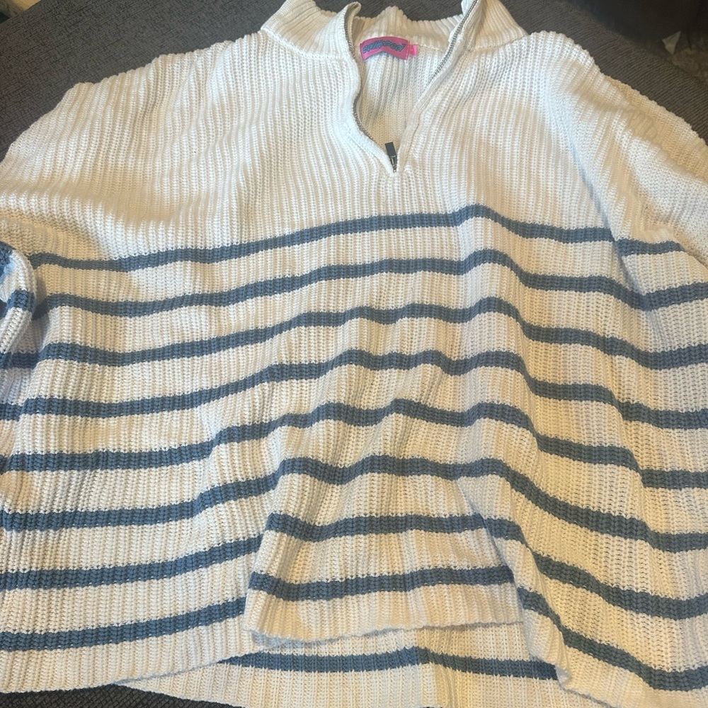 Edikted White Knit Sweater with Zip and blue stripes
